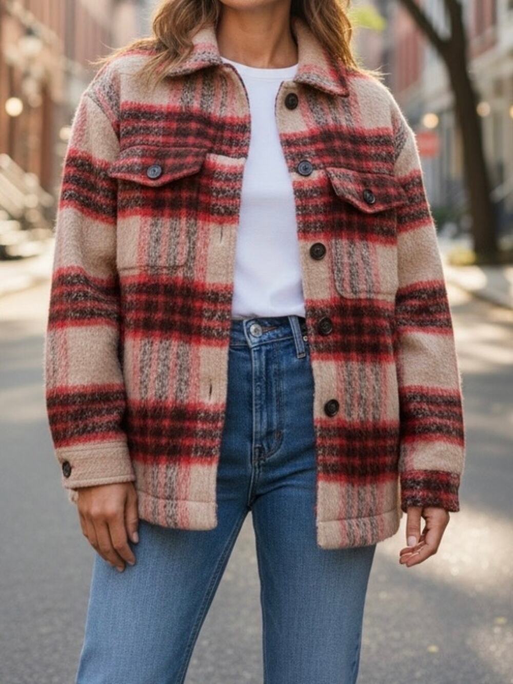 ZARA Women’s Sz L Wool Blend Oversized Coat Red Tan Plaid Fuzzy Shacket